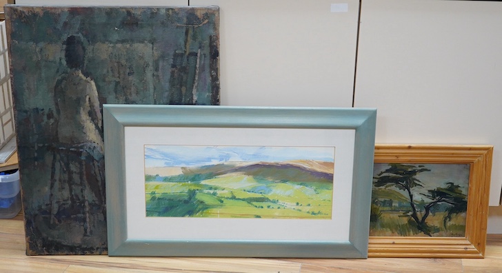 Boothman, three works comprising: two oils and a mixed media, Landscapes and a study of a seated nude woman, two signed, largest 77 x 61cm. Condition - varies, mostly fair